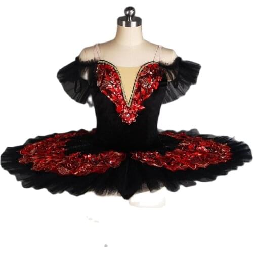 Off-shoulder Black Professional Ballet Dance Tutu with Red Sequin Applique Adult Girls Ballet Dancing Dress Pancake Tutu BLL086