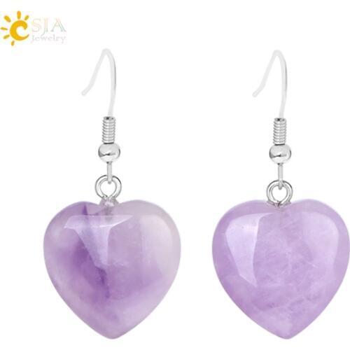 CSJA Natural Stone Earrings Heart Pendant Drop Earring Pink Purple Quartz Crystal Dangle Girls Women Party Wedding Jewelry F315