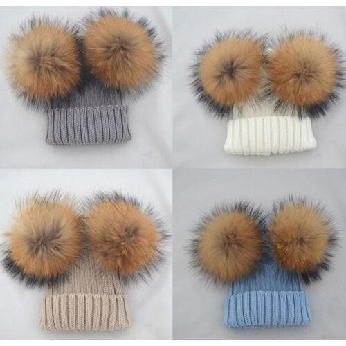 Kids Winter Boys Girls Hat Double Fur Pom Pom Beanie Caps Wool Knitted Hat For Baby Warm Pompom Raccoon Ball Beanie Cap Bonnet