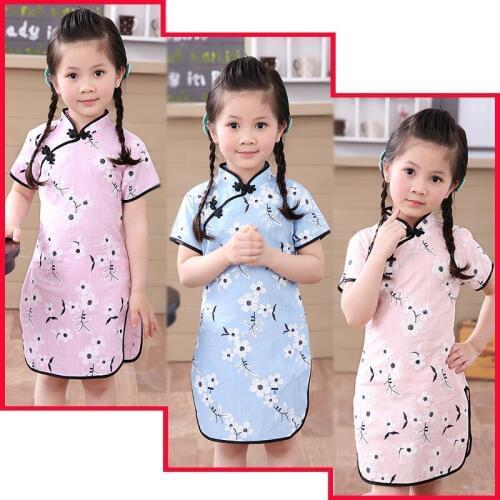 Plum Club Flower Baby Girls Dress Chinese Traditional Children Qipao Dresses For Girl Cheongsam LinenClothes Kids Vestidos Tops
