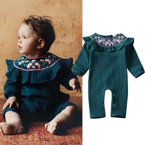 0-18 Months Baby Romper Newborn Kid Baby Girl Clothes Flower Long Sleeve Embroidery Ruffle Romper Green Baby Girls Jumpsuit Set