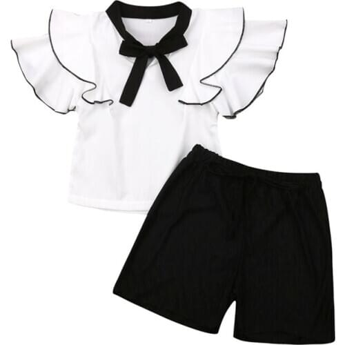 Summer Toddler Kids Girl Clothes Set Ruffle Fly Sleeve Chiffon Shirt Tops+Short Pants Outfits Girls Clothing 2-7Y