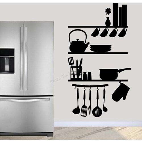 Kitchen Tool Shelves Utensils Coffee Cup Kettle Wall Decal Kitchen Decor Abstract Art Vinyl Wall Sticker Restaurant Decor LL1305
