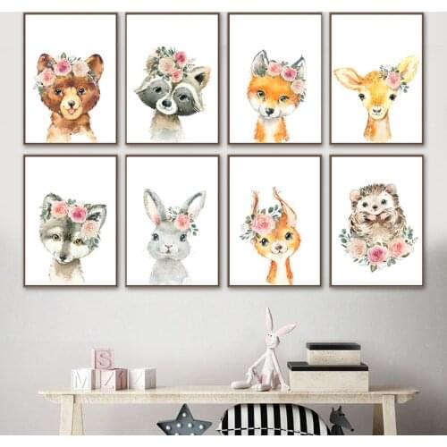 Bear rabbit fox Deer Wolf Raccoon Safari Nursery Wall Art Canvas Painting Posters And Prints Wall Pictures Baby Girl Room Decor
