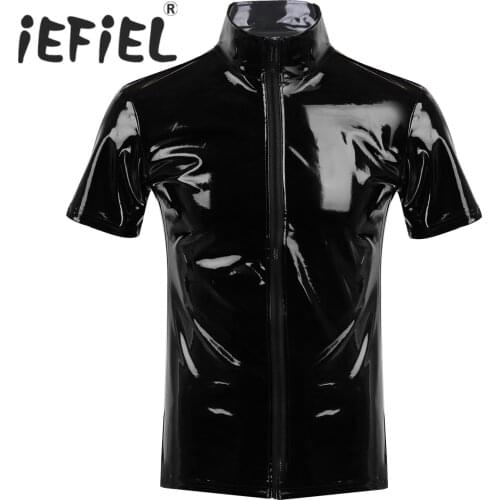 Fashion Unisex Metallic Novelty Hipster PVC Leather Stand Collar Short Sleeves Front Zip Up T-shirt Tops for Clubwear Cosplay