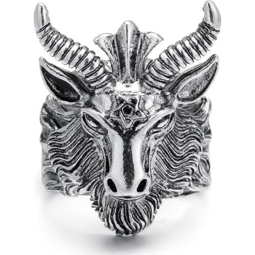 Hot Animal Male ring Zinc Alloy Satan Ram Goat Ring Aires Vintage Biker Gothic Halloween Long Horn Baphomet Gothic Pentagram
