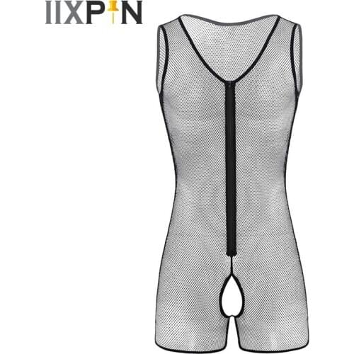 Mens Sexy See Through Sheer Fishnet Lingerie Bodysuit Sexy Men Sleeveless Crotchless Tank Leotard Bodysuit Jumpsuit Underwear