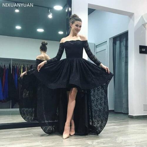 2021 Charming Sexy Off Shoulder A Line Lace Evening Dresses Hi-lo Long Sleeves Lace Sweep Train Evening Gown Prom Party Gowns
