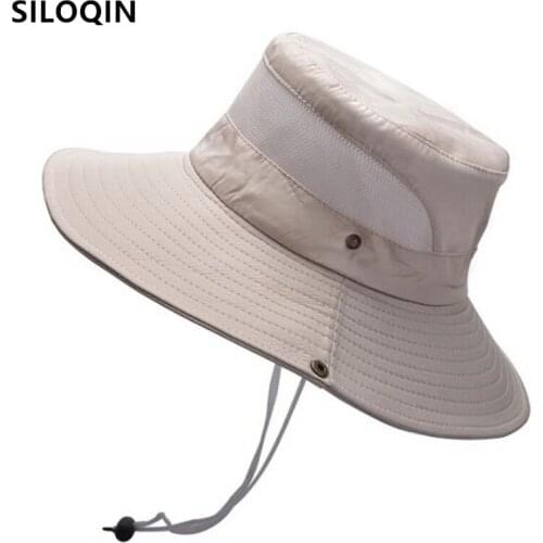 SILOQIN Multicolor New Summer Mens Panama Hat Mesh Breathable Bucket Hats Flat Cap Wind Rope Fixed Large Eaves Women Beach Hat