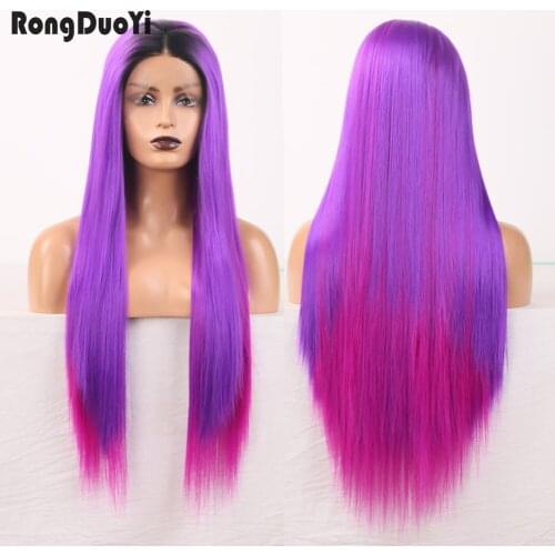 RONGDUOYI High Temperature Hair Lace Wig Two Tone Pink Synthetic Lace Front Wig Long Silky Straight Cosplay Wigs for Women