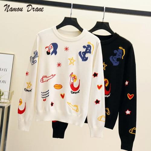 2021 All-match Round Neck Pullover Mermaid Embroidery 2021 Autumn and Winter New Long-sleeved Wool Sweater Womens Sweater White
