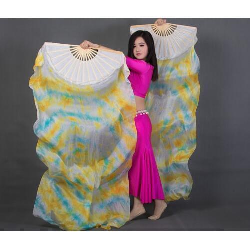 Belly dance fans 100% silk veil length 180cm dye-color Tie dyeing beautiful unique fans dance props