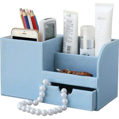 XRHYY Blue 3 Storage Compartments PU Leather Office Desktop Organizer Stationery Box Collection Business Card/Pen/Pencil