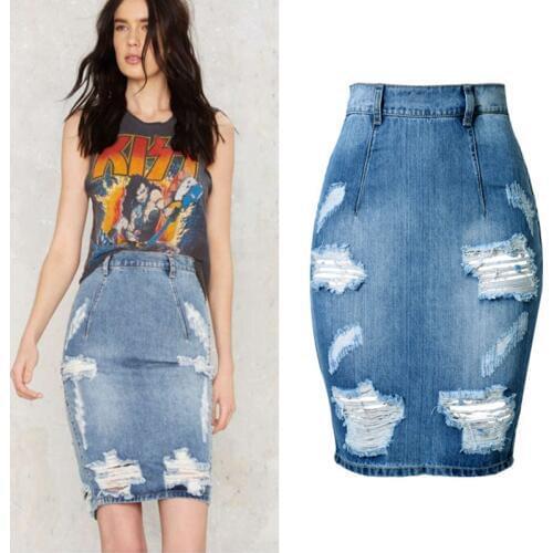 2018 Summer Mini Denim Skirt Split Jeans Pencil Skirts Sexy Tight Skinny High Waist Zip Ripped Hole Women 40 42