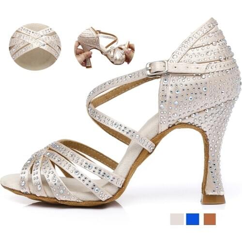 Girls Rhinestone Latin Dance Shoes White High Heel Bachata Salsa Dancing Shoes For Party Wedding Woman Ballroom Shoes For Dance