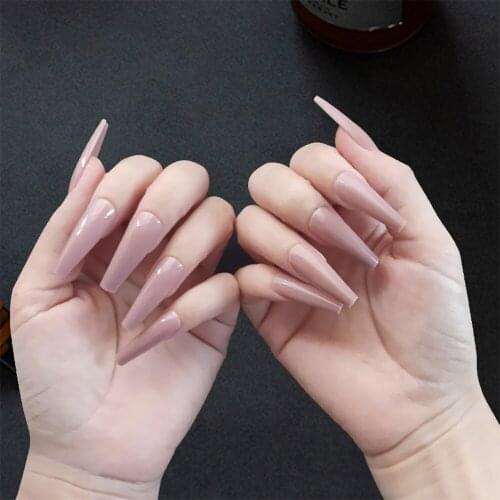 20Pcs Nude Color Glossy Full Cover Fake Nails Long Ballerina Press On Coffin Art Tips False With Press Glue Design False Nail