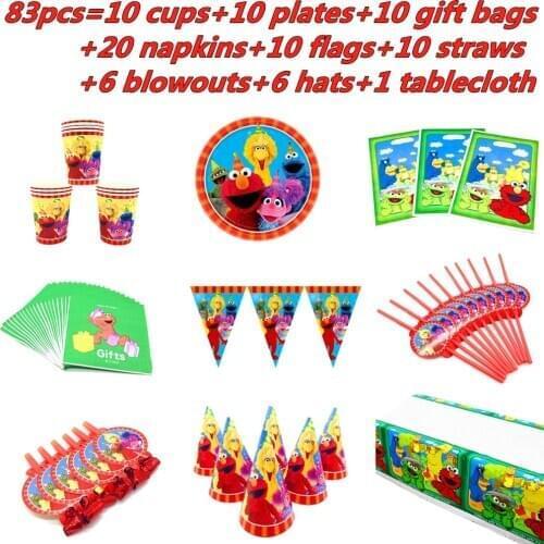83Pcs Sesame Street Party Supplies Elmo Hats Flag Party Tableware Set Paper Plates Cups Napkins Birthday Decor Party Tablecloth