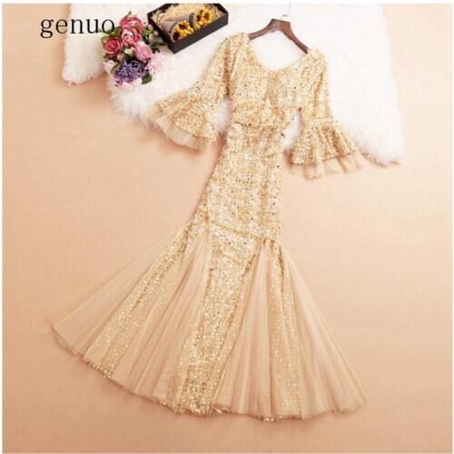 Shiny Sequin Mermaid Evening Party Dresses V-Neck Women Party Gowns Long Sleeve Vestido De Fiesta Champagne Elegant Dress