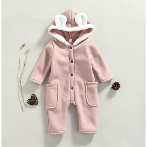 Winter Autumn Warm Baby Girls Hodded Romper Coat Contrast Color Long Sleeve Button-up Toddler Infant Jumpsuit with Pockets