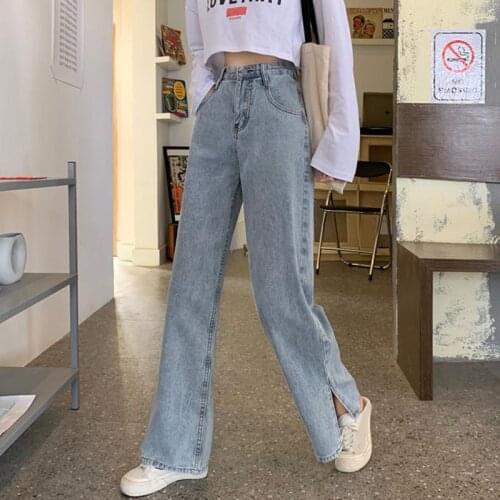 Jeans Women Solid Wide Leg Side-slit Vintage Washed High Waist Simple Streetwear Stylish Blue Casual Ladies Trousers Jean Girls