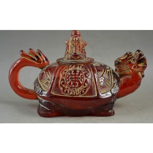 Rare Collectibles Old Handwork Artificial Amber Resin Dragon & The God Of Wealth Tea Pot