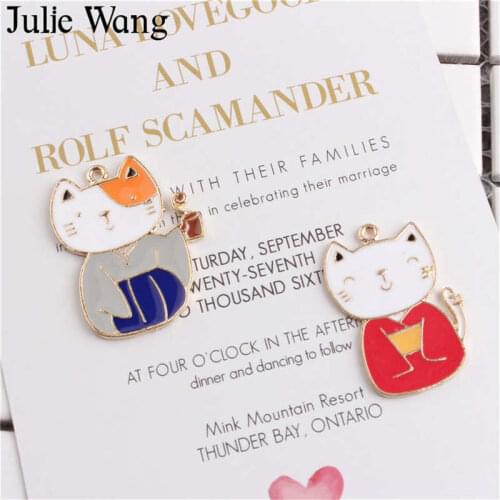 Julie Wang 5pcs Enamel Cartoon Japanese Cat Charms Alloy Gold Tone Animal Pendant Necklace Bracelet Jewelry Making Accessory