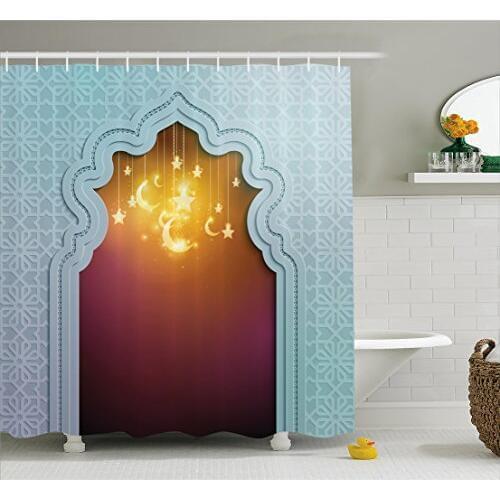 Moroccan Shower Curtain Door with Star and Moon Artistic Style Arabic Words Oriental Design Fabric Bathroom Decor Set with Hooks
