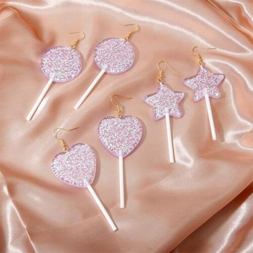 Sweet Girls Ear Jewelry Transparent Lollipop Long Drop Earrings New Arrival 2021 Exaggerated Round Heart Star Earring for Women