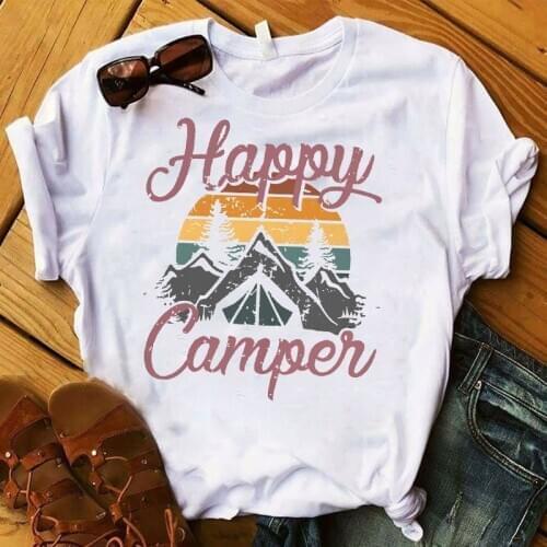 Fashion Women Happy Camper Mountain Travel Printed T Plus Size Graphic Top Tshirt Female Tee Shirt Femme Ladies Clothes T-shirt