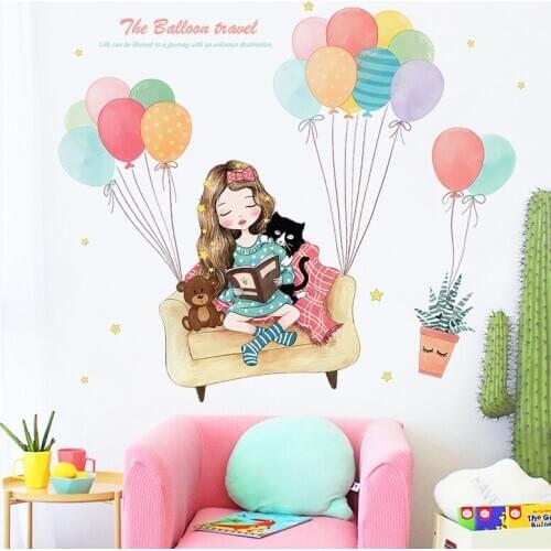 Cartoon Girl Wall Stickers DIY Balloon Mural Decals Kids Rooms Baby Bedroom House Decoration Self Adhesive Poster