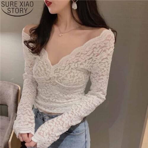 2021 New Bottoming Blouses Ladies Shirts Sexy Lace Blouse Women White Shirt Autumn and Winter Female Hollow Out Tops 12255