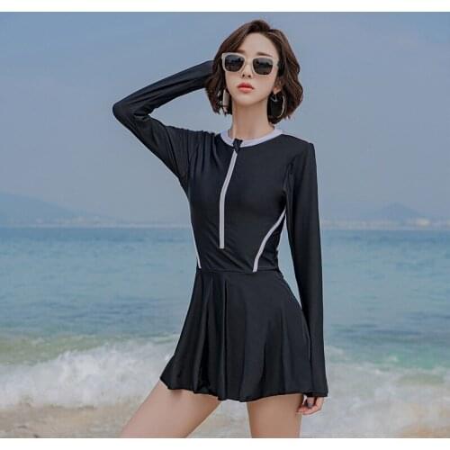Solid Color Sexy Spot Old Black Ll One-piece Swimsuit Female Hot Spring Conservative Sunscreen Long-sleeved Swimsuit Skirt Boxer