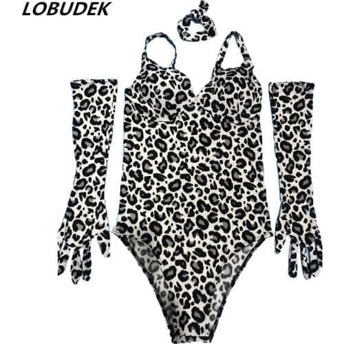 Sexy Leopard Bodysuit Pole Dancing Costume Nightclub Bar DJ Party Show Stage Wear Women DJ Singer Dancer Performance Clothes