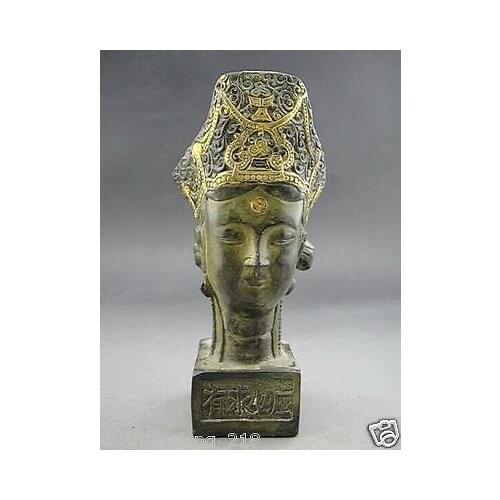Rare collectibles Old Tibetan Buddhism Kwan-yin Bronze gilt Statue Seal Signet