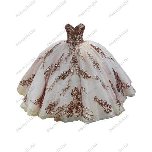Luxurious Rose Gold Sequined Lace Embroidered Blush 2021 Quinceanera Prom Cocktail Dress Formal Charro Vestido De 15 Anos XV
