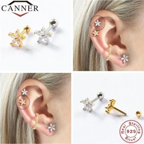 CANNER 1 pair 925 Sterling Silver rabbit ear flower Zircon Small Stud Earrings for Women Gold Color Ears Stud Piercing Earings
