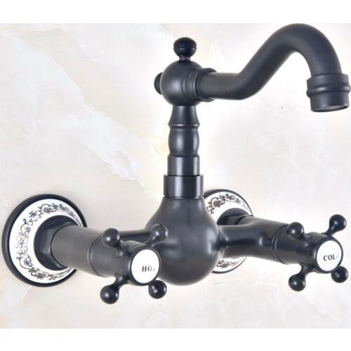 Black Oil Rubbed Bronze Brass Two Cross Handles Wall Mount Swivel Spout Kitchen & Bathroom Basin Sink Faucet Mixer Tap anf473