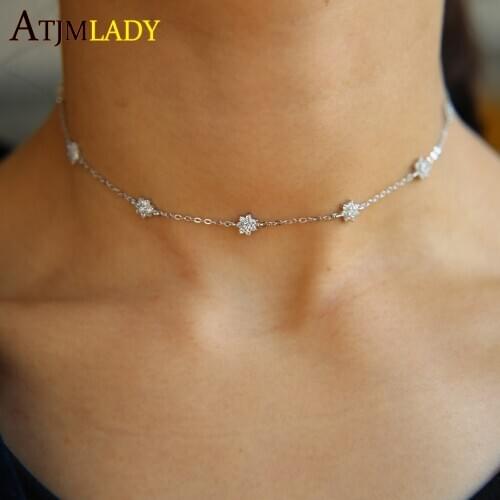 Wedding Engagement Choker Design Sparking Flower Charm Thin Delicate Chain Aaa Cz Stunning Girl Women Necklace in real 925silver