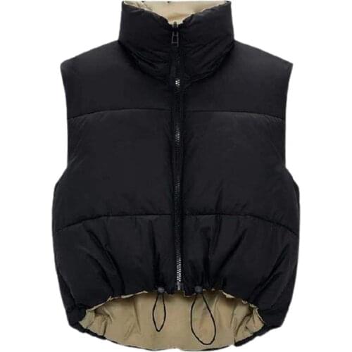 2021 Spring Black Cropped Vest Coat Women Fashion Warm Sleeveless Parkas High Collar Waistcoat Female Casual Outerwear Chic Top