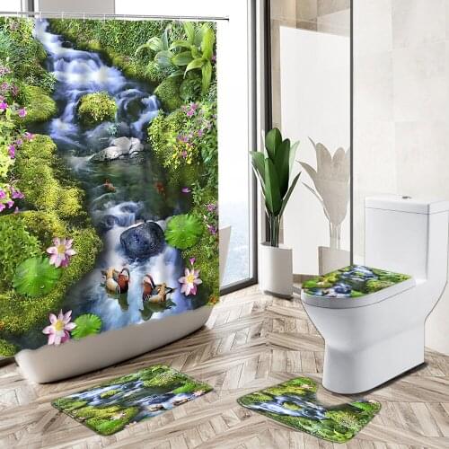 Waterfall Forest Landscape Waterproof Shower Curtain Set Bathroom Natural Scenery Tree Flower Bath Mat Carpet Toilet Lid Cover