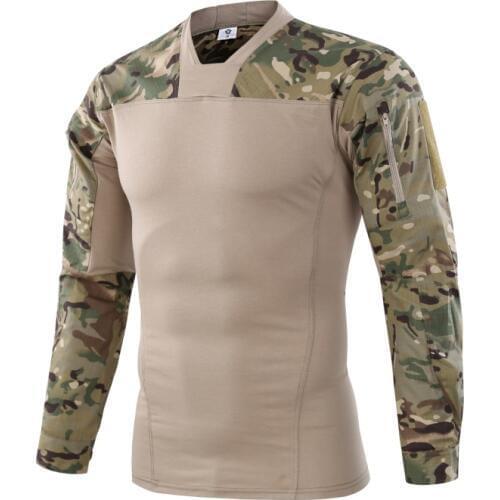 Military Mens Camouflage Army Tactical T Shirt Long Sleeve Military Combat T-shirt Stretch Cotton Camo Airsoft Paintball Shirt