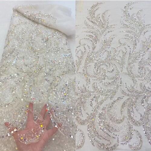 Embroidered French Mesh Tulle Lace Fabric with beads and sequins SYJ-688681 Latest Net Lace Fabric for Wedding 5 Yards
