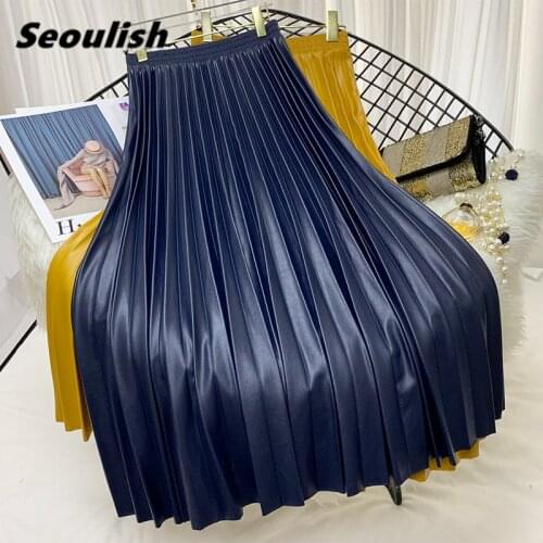 Women Spring Autumn PU Leather Pleated Skirts Elastic High Waist Multi Colors Fashionable All-match Midi Skirt Female 2021 New