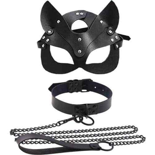 Female and male masks and sexy dark style leather neckline collar chain traction cord with black stud neck traction strap