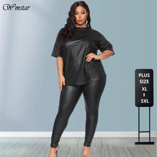 PU Two Piece Plus Size Women Pants Sets Fashion Streetwear Half Sleeve Black Tshirt Elastic Waist Pants Wholesale Dropshipping