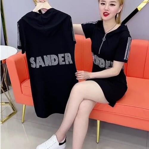 Plus Size Summer Heavy Industry Hot Drilling Dress Female 2021 Mid-Length Loose Sexy Slim Black Hooded Dresses Women Trend 459