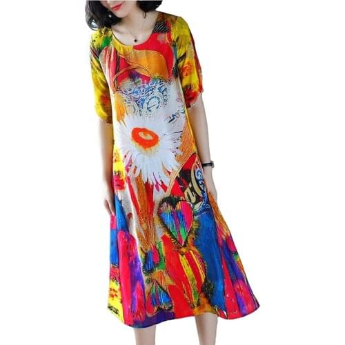 Printed Silk Dress Women 2019 Summer Faux Silkworm silk Elegant Dresses Female Short sleeve O collar Plus size Fashion Dresses