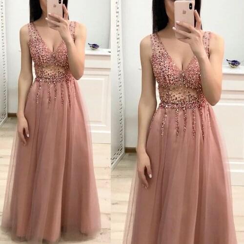Pink prom dresses 2020 deep v neck crystal a line tulle beaded floor length long evening dresses pearls vestido de gala