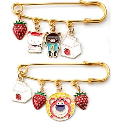 Safe-Pin Shape Brooches Fruit Animal Pendant Brooch Cute Bear Strawberry Milk Design Fashion Enamel Badge Pin Jewelry Gifts NEW