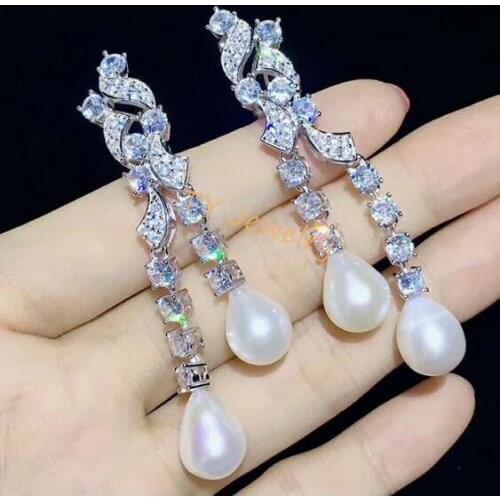 Noble jewelry pair Natural AAA 8-9mm white pearl micro inlay crystal zircon earring 925 Sterling Silver accessory